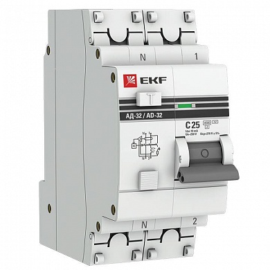 Выключатель автоматический дифференциального тока 1п+N C 25А 10мА тип AC 4.5кА АД-32 PROxima EKF DA32-25-10-pro